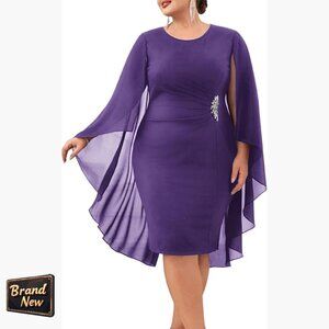 Plus Size Chiffon Cape Dress Ruched Bodycon Cocktail Midi Wedding Guest